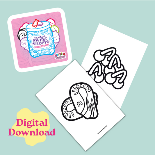 Two coloring pages with a mug and donut design on a light blue background, featuring 'Digital Download' text.